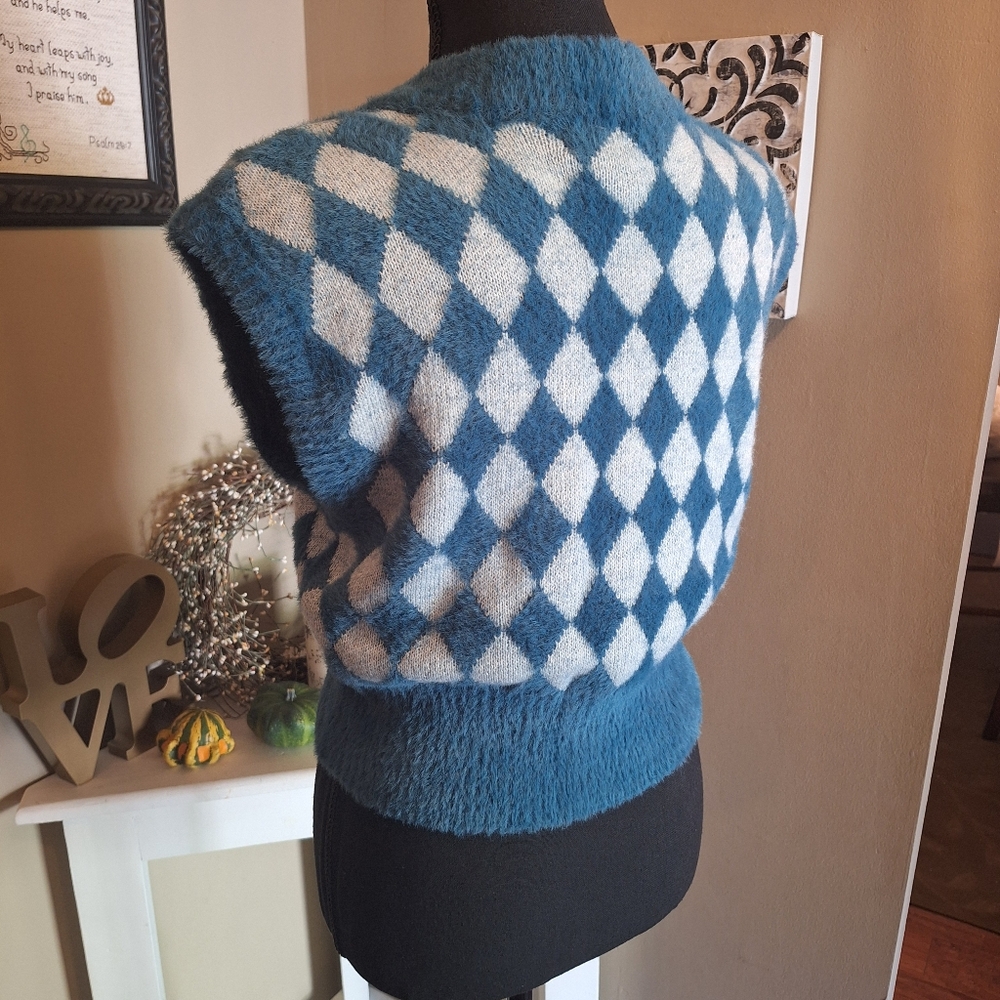 Sincerely Jules argyle preppy fuzzy sweater vest xs small med - Picture 2 of 16